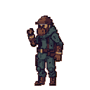 A lone, masked soldier stands ready, holding a grenade, in this evocative pixel art piece. The muted colors and detailed gear suggest a hardened survivor in a bleak, undefined world.