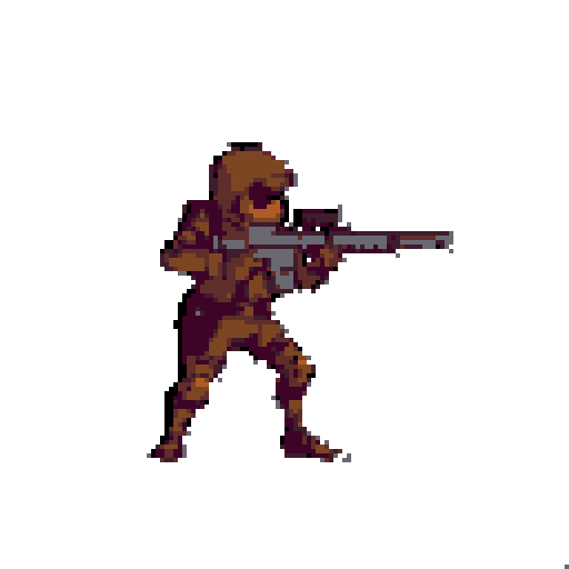 A pixel art soldier or mercenary is crouched and ready, aiming a scoped rifle, conveying a sense of tense anticipation. The character's detailed design and muted brown tones create a focused and utilitarian feel.