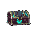 A pixelated, dark brown treasure chest gleams with magical cyan light, hinting at untold riches and hidden power locked within its aged frame.