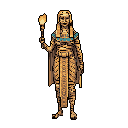A pixel art mummy stands solemnly in the darkness, clutching a glowing torch and adorned with vibrant turquoise jewelry. This regal figure evokes a sense of ancient mystery and timeless power.