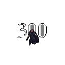 A cloaked figure stands shrouded in mystery against a black backdrop, wielding a staff or sword beside a bold "300" display. The minimalist pixel art evokes a sense of solitude or hints at a game counter.