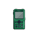 This pixel art showcases a retro mobile phone, rendered in shades of green with a nostalgic, blocky design. The image captures the essence of older, non-smartphone technology with its distinct keypad and simple screen.