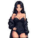 This pixel art features a confident woman with dark hair and light blue eyes, dressed in a black teddy and jacket against a simple background. Her relaxed posture and soft expression create a suggestive and calm mood.