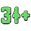 This pixel art boldly displays a "34+" age rating in vibrant green against a stark black background, evoking a retro, informative vibe. The minimalist design and high contrast ensure immediate readability.