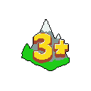 This pixel art emblem showcases a bold, golden "3+" symbol, suggesting a rating or age appropriateness. Behind it, a simple landscape of snowy mountains and a lush forest hints at adventure and wholesome fun.