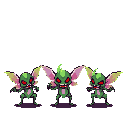 Three fierce, green, winged goblins stand ready in this pixel art, their red eyes and clawed hands hinting at a menacing presence. The dark color palette and ominous vibe create a captivating scene.