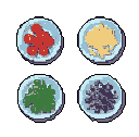 This pixel art showcases a simple grid of four plates, each presenting a distinct food item: red berries/tomatoes, yellow scrambled eggs/noodles, green herbs/vegetables, and dark purple/black blueberries/beans. The minimalist design focuses on clearly displaying the different culinary elements.