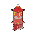 This pixel art image features a tall, stylized pagoda-like tower in red, yellow, and grey. Its vibrant, multi-tiered structure and bright red roofs evoke a sense of East Asian fantasy architecture.