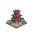 This pixel art showcases a detailed, reddish-maroon East Asian pagoda with intricate dark grey roofs. Two tiny figures animate the scene, one walking towards the temple's entrance, hinting at a peaceful historical or fantasy setting.