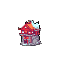 A charming pixel art image showcases a snow-dusted, multi-story building with East Asian architectural influences, featuring a striking red wooden upper structure atop a rugged stone base. The building's serene isolation is emphasized by the heavy snow blanketing its roof and rocky foundation.