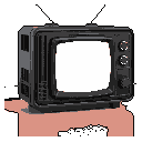 This pixel art image showcases a retro television with a glowing white screen, complete with antenna and knobs. The simple, dark grey design evokes a sense of nostalgia for older electronics.