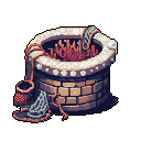 This pixel art depicts an ominous, weathered well with a glowing, root-like interior instead of water. A bucket hangs precariously within, while a mysterious key rests nearby, hinting at forgotten secrets.