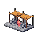 A lone figure in pink robes stands under a rustic, thatched lean-to, their tilted head suggesting contemplation. The pixel art evokes a sense of quiet solitude in a simple, desolate setting.
