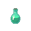 A pixel art potion bottle, rendered in cool teal and cyan hues with a brown stopper, stands as a classic icon reminiscent of retro adventure games. The isolated flask, filled with a vibrant liquid, evokes a sense of utility and magical healing.