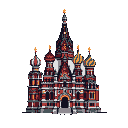 This pixel art showcases the iconic Saint Basil's Cathedral, rendered in rich reds, grays, and vibrant accents, highlighting its unique architectural details and historical significance. The detailed pixel work captures the cathedral's complex patterns and distinctive onion domes in a reverent and impressive portrayal.