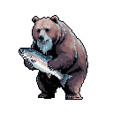 A pixelated brown bear stands proudly, clutching a freshly caught salmon in its paws. The detailed rendering and contrasting colors create a striking image of natural triumph against a black void.