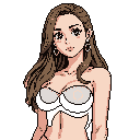 This pixel art portrait features a young woman with wavy brown hair and a subtle smile, dressed in a black bikini top. The stylized, slightly retro aesthetic evokes character sprites, focusing on her feminine features against a stark black background.