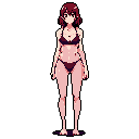 A pixel art image showcases a young woman in a dark bikini, her red eyes gazing directly at the viewer with a neutral expression. The character's classic sprite-like design and muted color palette evoke a nostalgic video game aesthetic.