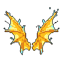 This pixel art showcases a pair of striking, symmetrical bat-like wings in warm oranges and cool blues, hinting at flight and fantastical power. Against a stark black void, the wings take on an iconic and mysterious quality.