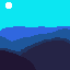 This pixel art image depicts a serene, minimalist landscape of layered hills under a bright celestial body, rendered in cool blues and purples. The scene evokes a peaceful and contemplative mood through its simplified forms and harmonious color palette.