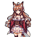 A surprised and charming fox-girl kemonomimi with large ears and flowing brown hair is depicted in pixel art, wearing an elaborate red and white dress with a touch of fantasy. Her wide-eyed expression and open hands suggest curiosity or wonder.