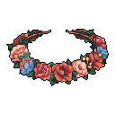 This pixel art showcases a beautiful floral wreath, ready to adorn a head with its vibrant roses and foliage, all brought to life with a rich, nostalgic color palette.