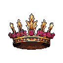 A solitary, ornate golden crown, resplendent with magenta jewels, floats against a stark black void. The detailed pixel art captures a sense of majesty and luxury, showcasing the crown's intricate design and precious materials. It evokes an era of regality and power.