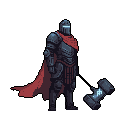 A formidable, dark-armored knight stands ready with a massive war hammer, both emanating a subtle, ethereal glow. The crimson cape adds a dramatic splash of color to this stoic warrior, hinting at a powerful and mysterious past.