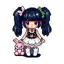 This vibrant pixel art features a cute, wide-eyed chibi girl with blue pigtails and a polka-dot top, accompanied by her adorable pink plush rabbit friend. Her playful design and bright colors create a charming and whimsical feel.