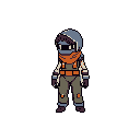 A pixelated explorer stands ready in his olive-green suit and vibrant orange scarf, face hidden behind a dark visor. This lone futuristic scout exudes quiet determination against a stark black backdrop.