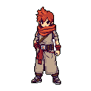 A confident, young adventurer with spiky red-orange hair and a striking red scarf stands ready, his earthy attire hinting at a life of travel. He sports a slight smirk as he looks toward the left of the frame.