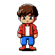 This pixel art features a chibified young boy with a neutral expression, standing ready in a classic, vibrant style reminiscent of retro video game protagonists. His red jacket and blue pants pop against the dark background, creating a simple yet iconic character sprite.