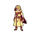 A pixel art adventurer, cloaked and hooded in earthy tones, stands ready against a stark black background. The character's layered garments and obscured face evoke a sense of quiet competence and mystery.