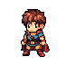 This pixel art depicts a young adventurer in warm, earthy tones with striking blue eyes, standing ready for what lies ahead. Reminiscent of classic RPG sprites, the simple design evokes a sense of nostalgia and quiet capability.