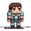 This pixel art image features a stoic adventurer in light armor, rendered in a nostalgic blocky style. The character's neutral expression and practical attire suggest a moment of rest before embarking on a quest.