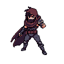 This pixel art image features a masked rogue or assassin in a dynamic pose, clad in dark, practical attire and poised for action. The character's intense gaze and ready stance create a mysterious and energetic vibe.
