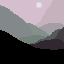 This pixel art captures a serene, layered mountain vista under a pale moon or sun. The minimalist design and muted, cool color palette evoke a sense of calm and vastness.