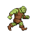 This pixel art image showcases a determined orc in mid-stride, its dynamic pose and open mouth conveying a sense of primitive strength and action. The earthy color palette and stylized aesthetic enhance the classic fantasy theme.