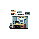 A pixel art image shows a tired figure slumped at a desk in a small room, working late into the night according to the "01:10" UI element floating in the black void above. Game-like statistics such as low "HP" suggest a struggle as the character labors in isolation.