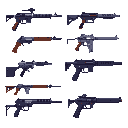 This pixel art showcases eight different rifles and submachine guns in a grid, rendered in muted purples, grays, and browns. The technical display evokes a sense of militaria with its focus on weapon design.
