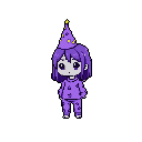 A lone, chibi character in purple star-patterned pajamas and a party hat stands against a black backdrop. The simple pixel art evokes a quiet, slightly melancholic mood with a hint of pajama-party whimsy.