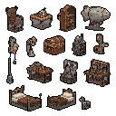 This pixel art showcases a collection of sixteen isometric game assets, primarily rustic furniture, tools, and miscellaneous objects. Rendered in muted browns and grays against a black background, the items evoke a medieval or fantasy vibe, suggesting a world of crafting and survival.