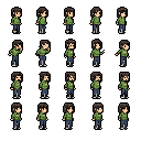 This pixel art sprite sheet features a shaggy-haired man in a green hoodie and jeans, showcasing a variety of everyday actions and expressions. The collection of poses suggests a casual and slightly thoughtful character, perfect for game development or animation.