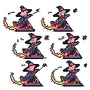 This pixel art sprite sheet showcases a cute witch casting a fiery spell, her cloak ablaze with orange and red details. The animation captures her subtle, magical movements, radiating a sense of mystical power.