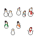 This pixel art showcases eight charming snowmen with unique hats and scarves, each bringing their own personality to the winter scene. Set against a stark black background, the cheerful group evokes a festive, holiday spirit.