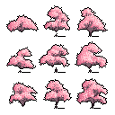 This pixel art showcases nine unique cherry blossom trees in full bloom, their delicate pink blossoms rendered in a charming, retro style. Arranged in a grid against a stark black background, the trees evoke a sense of springtime tranquility.