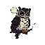 A watchful pixel art owl with striking orange eyes perches pensively on a branch, its muted plumage contrasted by a small, moon-like detail above its head. The image evokes a sense of calm wisdom with its limited palette and classic sprite aesthetic.