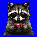 A charming pixel art raccoon gazes forward, holding a bright red heart in its paws, creating a sweet and endearing image. The simple style and direct pose evoke a feeling of gentle affection.