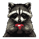 This pixel art depicts a charming raccoon holding a small, bright red object, its curious gaze drawing you in. The detailed rendering and contrasting colors create a nostalgic yet engaging portrait of the masked mammal.