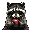 This pixel art portrait captures a curious raccoon in close-up, its iconic mask rendered in earthy tones. A surprising splash of red, possibly its tongue, adds a playful touch to this retro-style image.